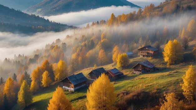 Foto paisagem florestal de outono com cabanas de montanha