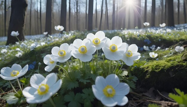 Paisagem florestal de primavera com primrose em flor à luz do sol na natureza 6