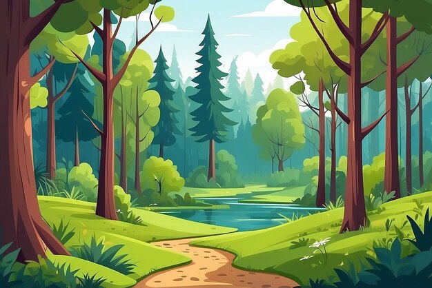 Paisagem florestal estilo de desenho animado simbólico plano Paisagem rural com matas densas Ilustração isolada em fundo branco Vector