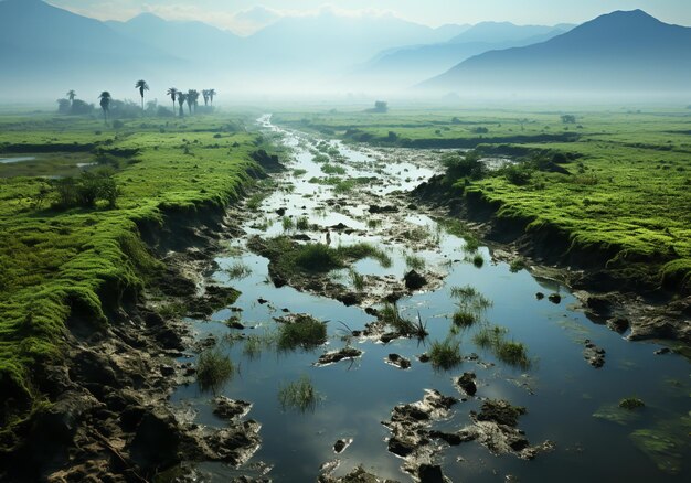 Paisagem fluvial com campos inundados gerada por IA