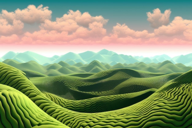 Paisagem fractal com colinas e céu ensolarado