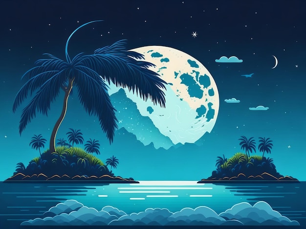 Paisagem, fundo, mar, e, praia, vetorial, ilustração, sorrindo, sol, fantasia, tom, à noite