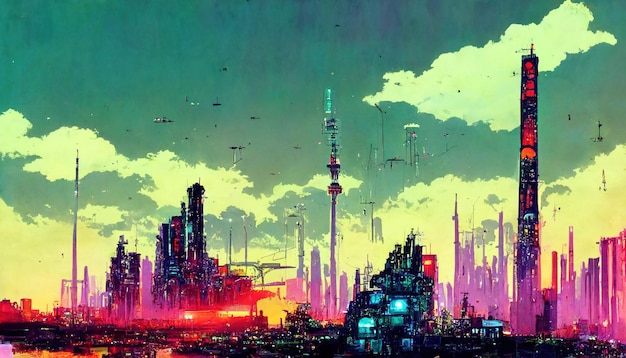 Paisagem futurista do cyberpunk na arte linart do estilo de mangá em quadrinhos