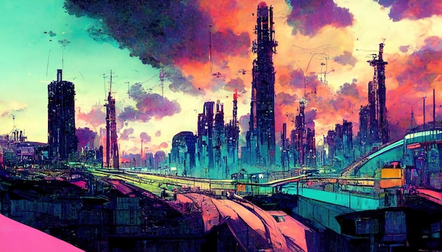 Paisagem futurista do cyberpunk na arte linart do estilo de mangá em quadrinhos