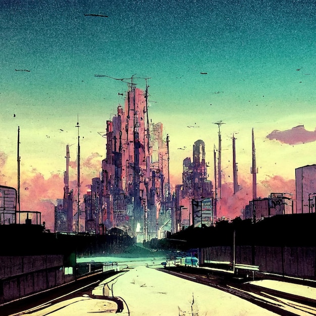 Paisagem futurista do cyberpunk na arte linart do estilo de mangá em quadrinhos