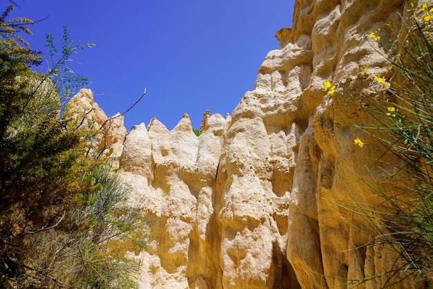 Paisagem geológica de formação natural de chaminés altas francesas de pedra calcária em Orgues Ille sur Tet Languedoc em França