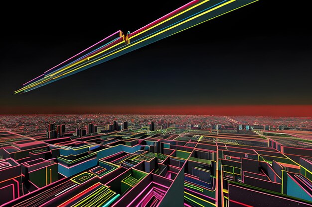 Foto paisagem geométrica futurista cores neon formas 3d ilusão de ótica arte digital ultramoderna