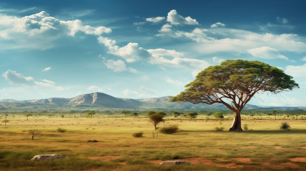 Foto paisagem icônica da savana africana com uma árvore de acácia solitária