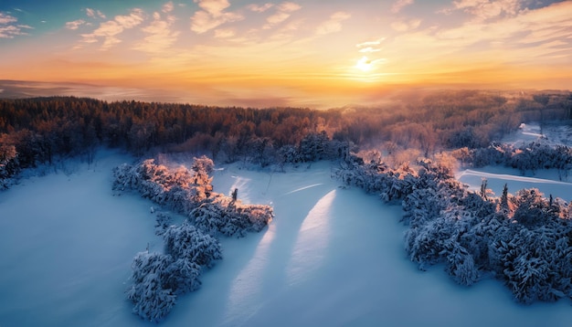 Paisagem idílica de inverno ao pôr do sol Vista de cima