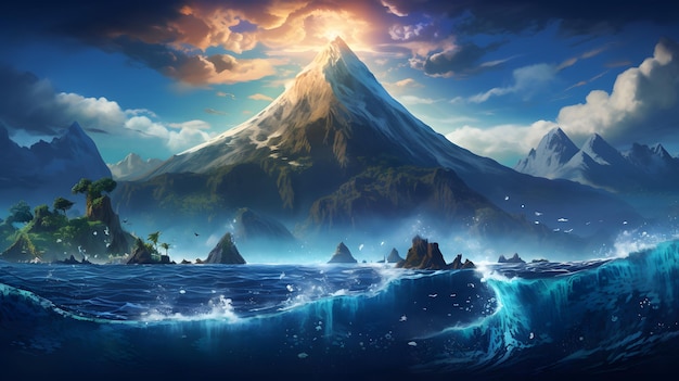 Paisagem impressionante de montanhas majestosas e ondas serenas do oceano sob um céu radiante