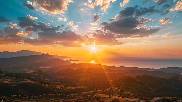 Paisagem incrível com montanhas e mar durante o pôr-do-sol O céu está em chamas de cores e a água brilha à luz do sol