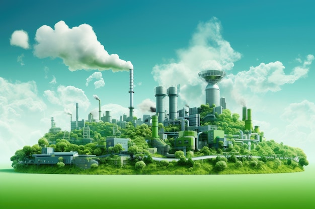 Foto paisagem industrial com planta verde e céu azul renderização 3d indústria verde eco power factory bom ambiente ozônio ar baixa pegada de carbono ai gerado