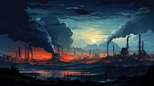 Paisagem industrial com refinaria de petróleo e gás ao pôr-do-sol Ilustração vetorial IA geradora