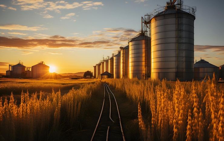 Foto paisagem industrial de fazenda com silos