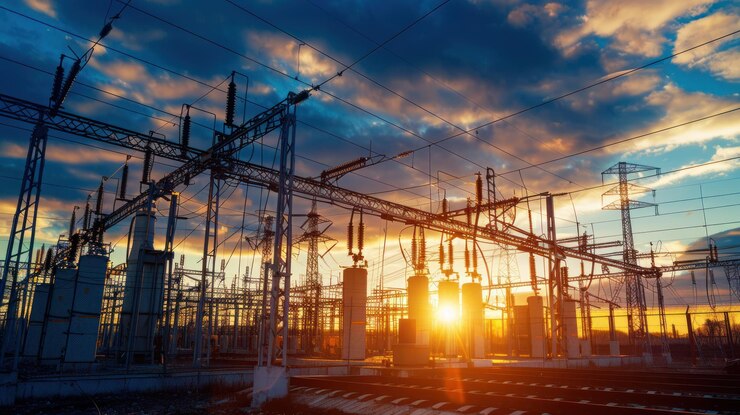 Paisagem industrial de transmissão de energia por pôr-do-sol sobre subestações de energia