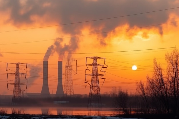 Paisagem industrial de tubos de plantas produzindo fumaça tóxica com poluição do ar no céu no pôr do sol