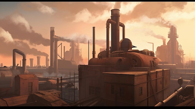 Paisagem industrial distópica com fábrica Steampunk e chaminés