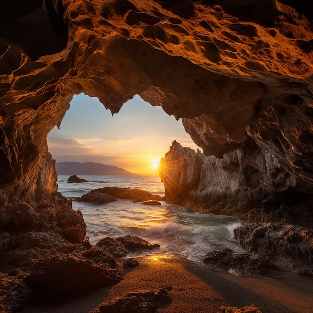 Paisagem intrincada da caverna da serenidade do pôr do sol