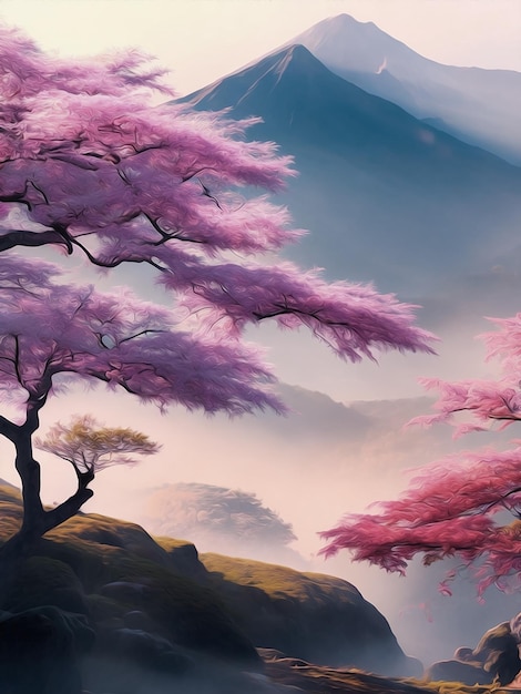paisagem japonesa com retrato de rio em estilo de pintura a óleo