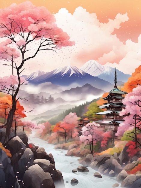 paisagem japonesa com retrato de rio em estilo de pintura a óleo