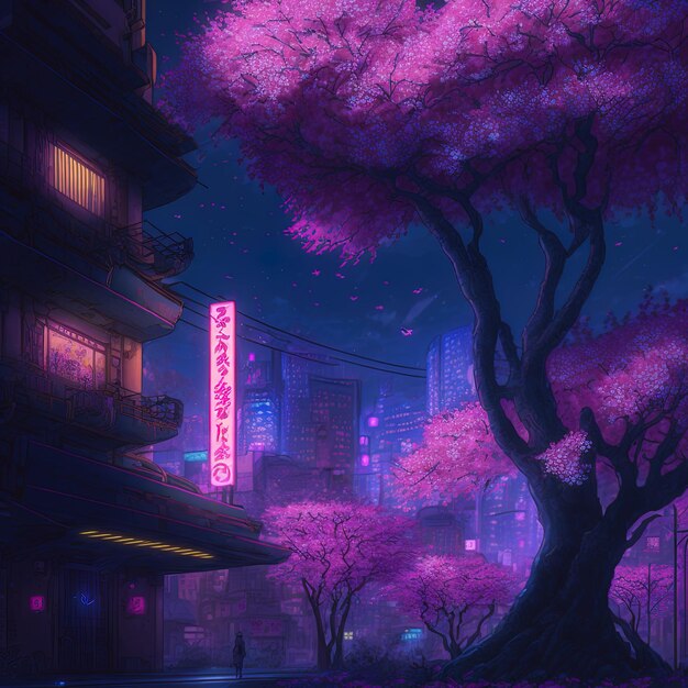 Paisagem japonesa da cidade da noite da fantasia, luz de neon, edifícios residenciais, grande árvore de sakura.