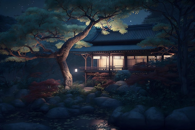 Paisagem japonesa na visão noturna do templo e floresta em montanhas generative AI