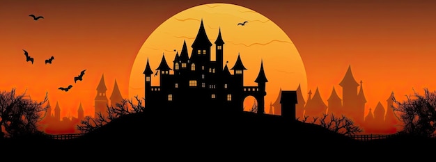 Paisagem laranja de halloween com um castelo assombrado ao fundo Generative AI
