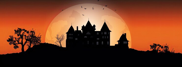 Foto paisagem laranja de halloween com um castelo assombrado ao fundo generative ai