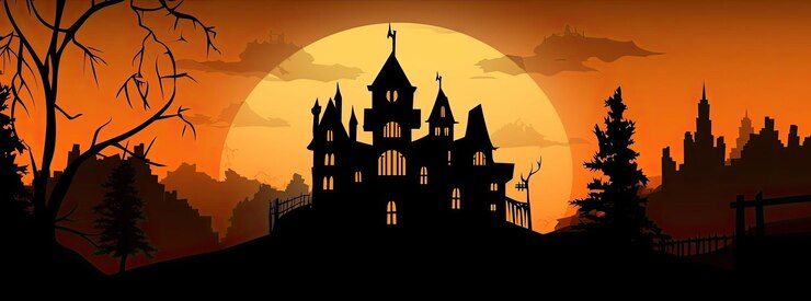 Foto paisagem laranja de halloween com um castelo assombrado ao fundo generative ai