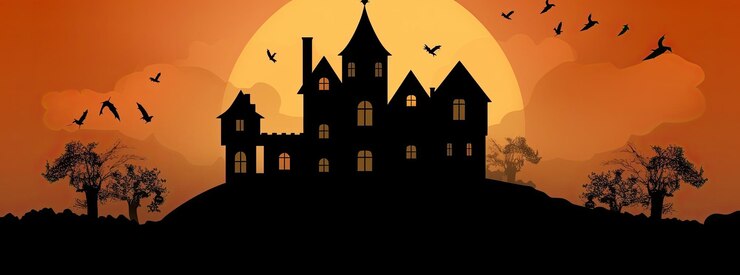 Foto paisagem laranja de halloween com um castelo assombrado ao fundo generative ai