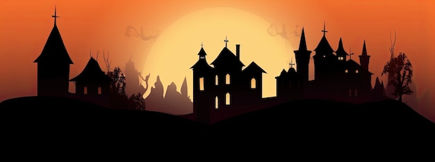 Foto paisagem laranja de halloween com um castelo assombrado ao fundo generative ai