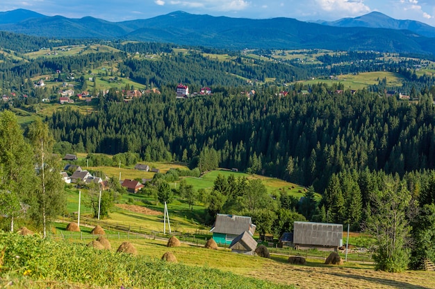 Paisagem linda de verão da vila entre as montanhas karpaty.