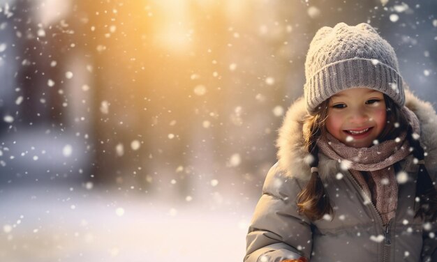 Paisagem mágica de inverno de conto de fadas com queda de neve Foto próxima ao ar livre de uma jovem linda e feliz