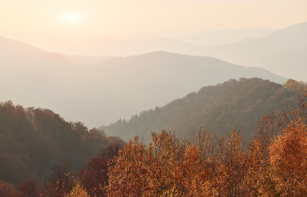 Paisagem majestosa de árvores de outono e montanhas no horizonte