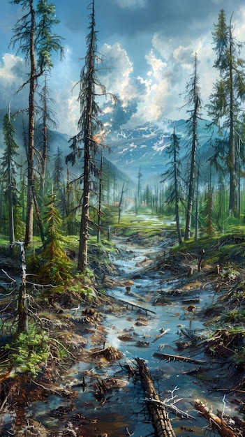 Paisagem majestosa de montanha com riacho florestal e paisagem dinâmica do céu em estilo de pintura a óleo