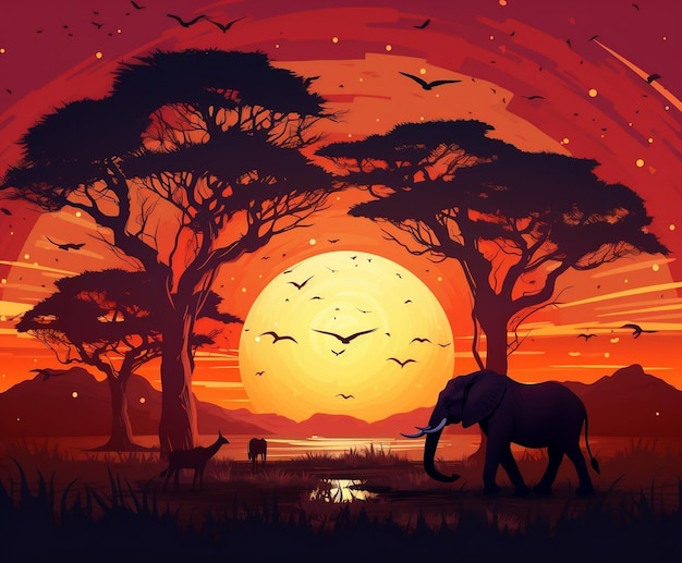 Paisagem majestosa do pôr do sol da savana africana com IA geradora de sol