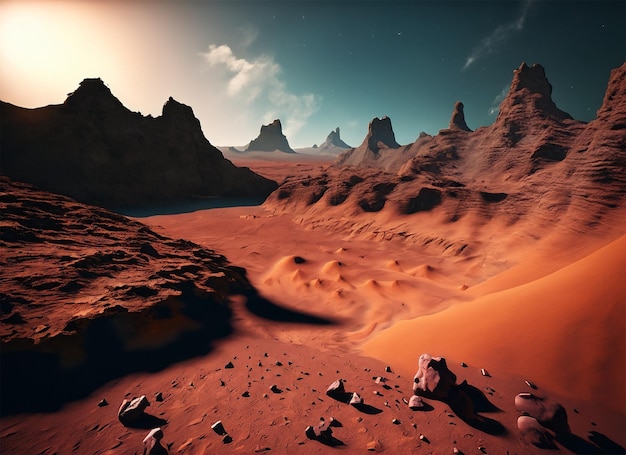 Foto paisagem marciana deserto rochoso marciano renderização em 3d gerada por ia