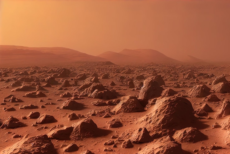 Foto paisagem marciana renderização em 3d do deserto rochoso marciano