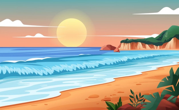 Paisagem marinha com areia marinha e montanhas Ilustração de desenho animado vetorial