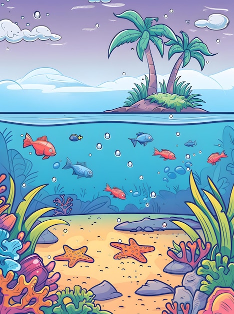 Foto paisagem marinha de desenho animado com peixes de recife de coral e estrelas-do-mar