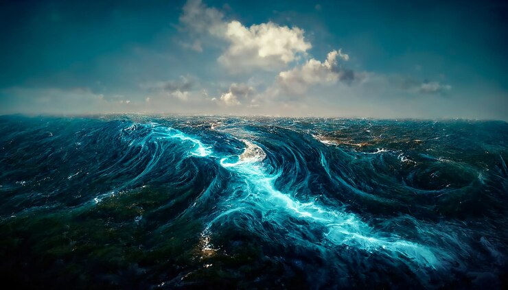Foto paisagem marinha de fantasia com belas ondas e espuma de espuma nas ondas de água vista superior das ondas do oceano ilustração 3d de fundo de água pomba