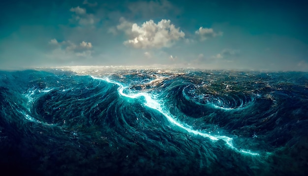 Paisagem marinha de fantasia com belas ondas e espuma de espuma nas ondas de água Vista superior das ondas do oceano Ilustração 3D de fundo de água pomba