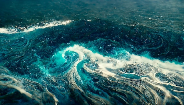 Paisagem marinha de fantasia com belas ondas e espuma de espuma nas ondas de água Vista superior das ondas do oceano Ilustração 3D de fundo de água pomba