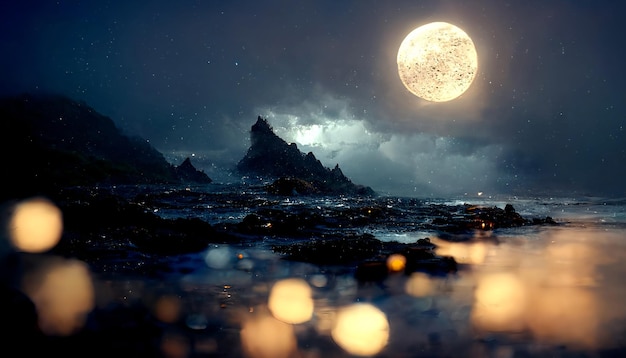 Paisagem marinha de fantasia noturna Noite neon luz azul Reflexo da lua nas ondas da água do oceano