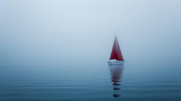 Foto paisagem marinha nebulosa com um barco vermelho solitário o barco está no centro do quadro com um reflexo claro na água