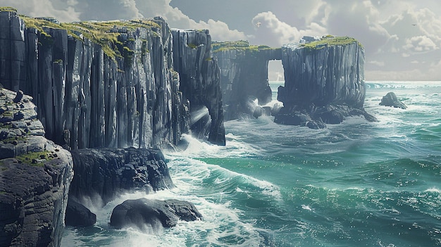 Foto paisagem marinha serena com penhascos rochosos e ondas estragadas