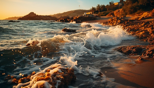 Paisagem marinha tranquila, ondas batendo, pôr do sol, beleza da natureza refletida gerada pela IA.