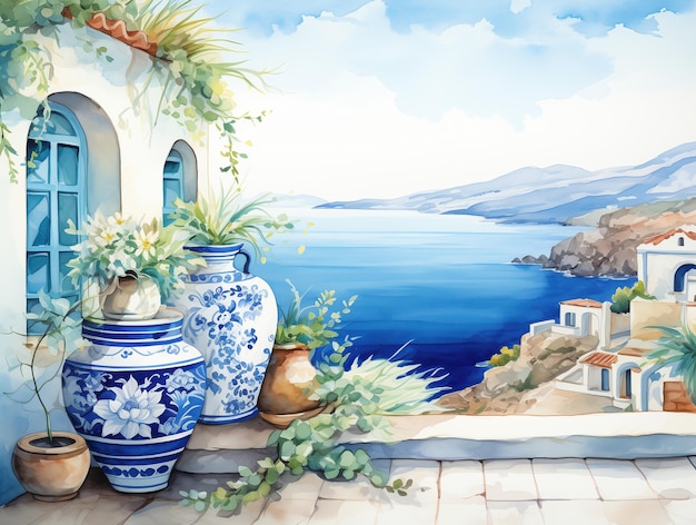 Paisagem mediterrânea em estilo de aquarela