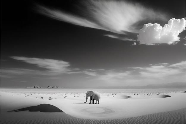 Paisagem mínima do céu e dunas de areia simétricas com um elefante perdido solitário no fundo