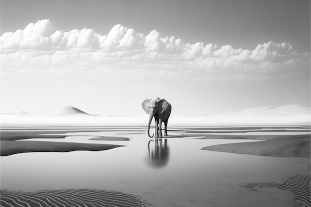 Paisagem mínima do céu e dunas de areia simétricas com um elefante perdido solitário no fundo